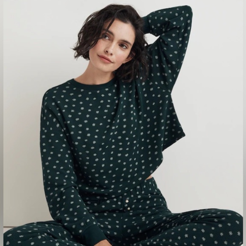 Madewell Green Spruce Waffle-Knit Pajama Cropped Top in Ditsy Floral
